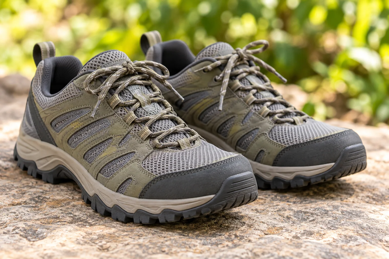 Close-up of lace-up trainers with closed toes and textured soles