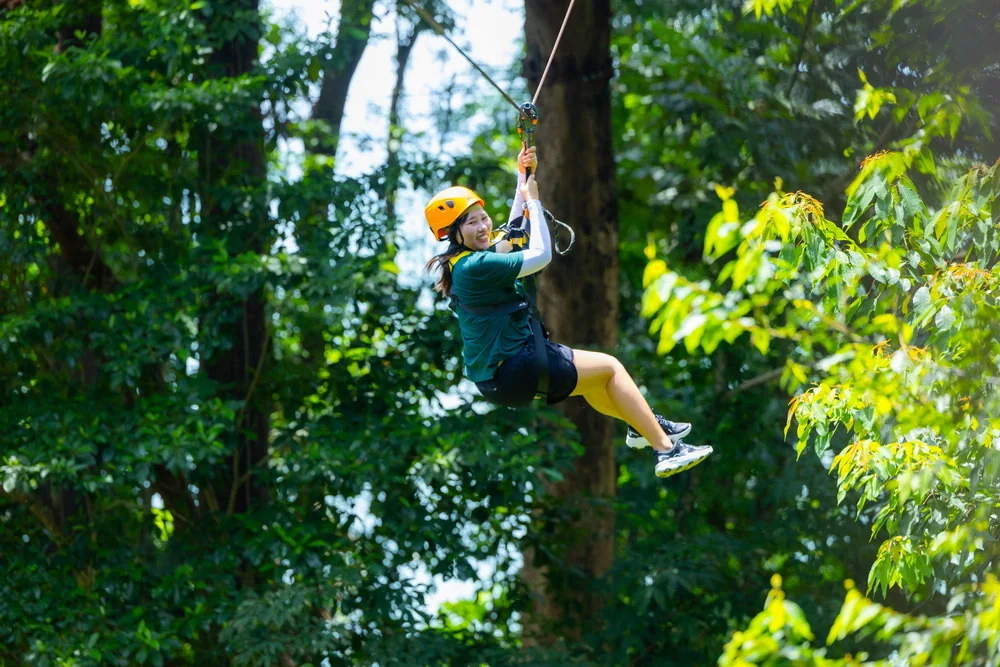 Helmeted participant travelling along a zipline through green foliage
