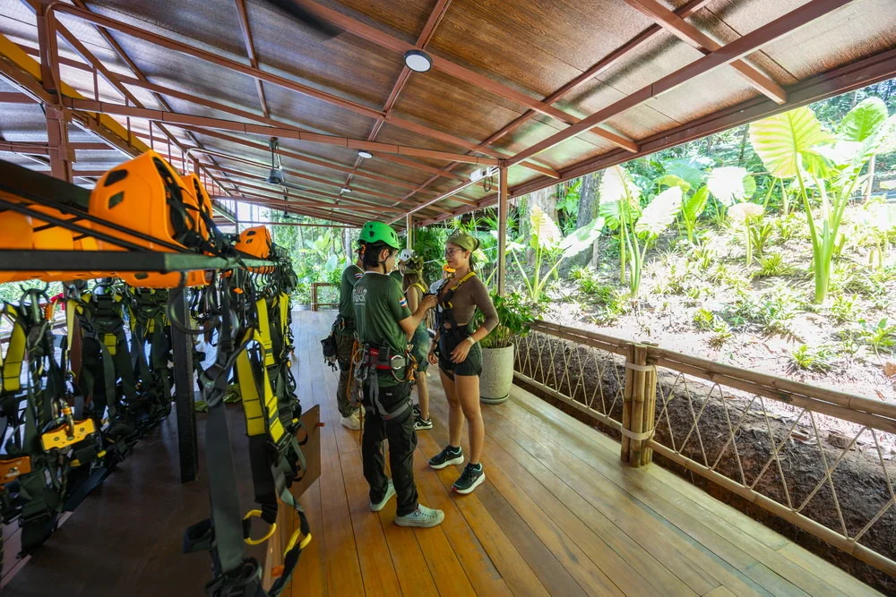 Equipment racks and staff in Sky Rock's covered preparation area