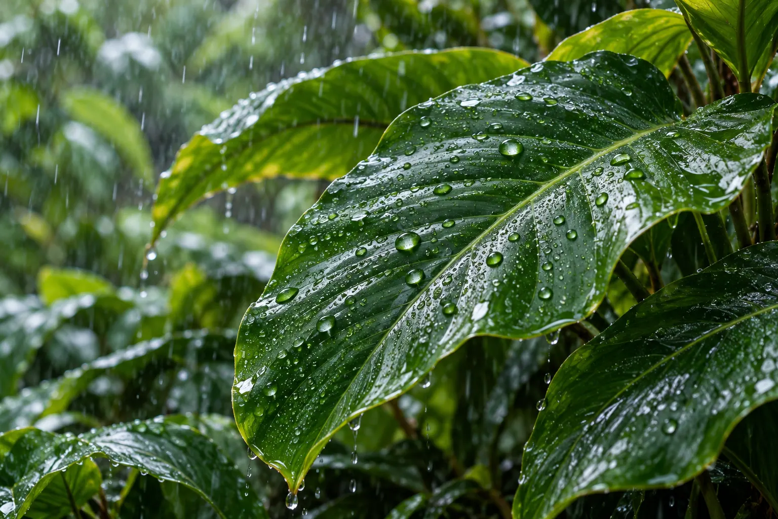 Raindrops on close-up tropical green leaves