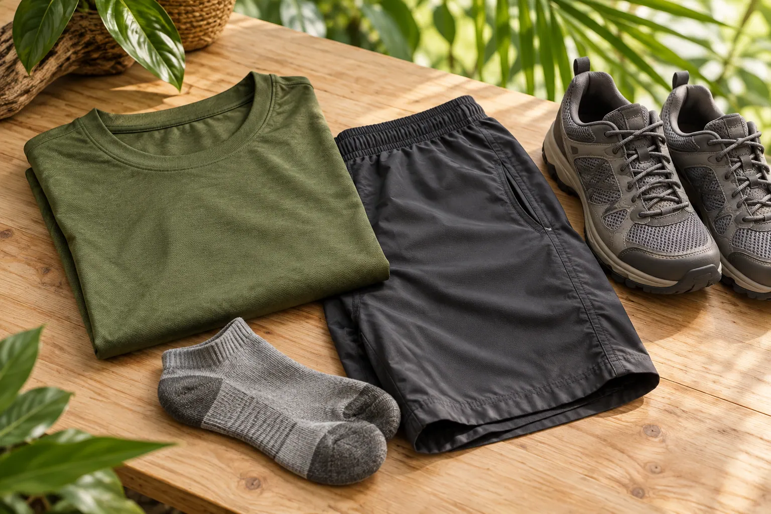 Plain T-shirt, athletic shorts, socks and closed-toe trainers arranged on a table
