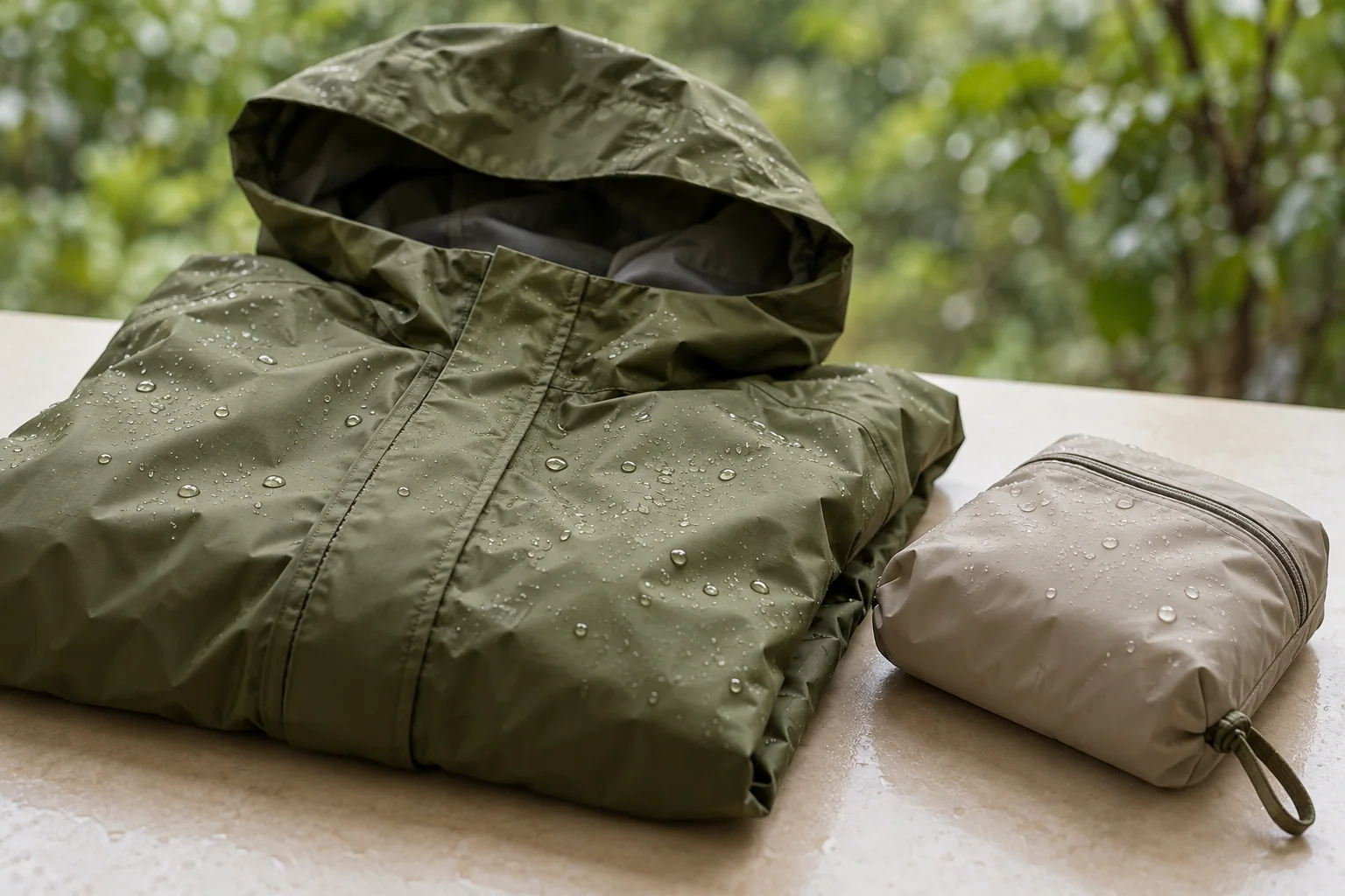 Folded olive rain jacket and a small pouch on a light surface